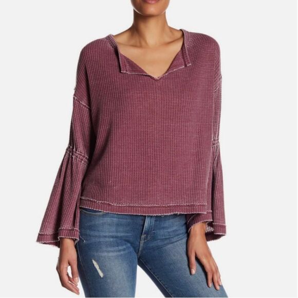 We The Free beet tone burnout sunwashed thermal bell sleeve split neckline top. - Picture 2 of 9